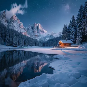 Winter wonderland with snow-covered pine trees and frozen lake - Image 1