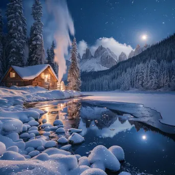 Winter wonderland with snow-covered pine trees and frozen lake - Image 2