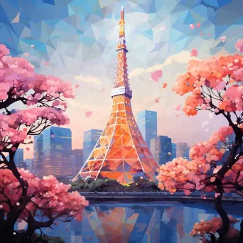 Artistic low poly depiction of Tokyo Tower surrounded by cherry blossoms - Image 1