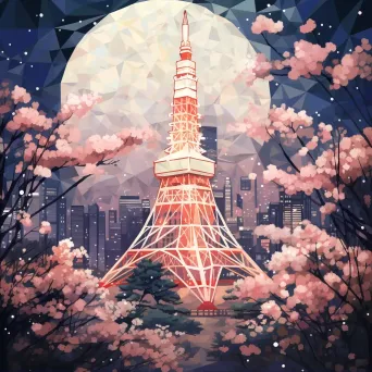 Artistic low poly depiction of Tokyo Tower surrounded by cherry blossoms - Image 2