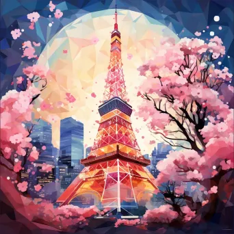 Artistic low poly depiction of Tokyo Tower surrounded by cherry blossoms - Image 3