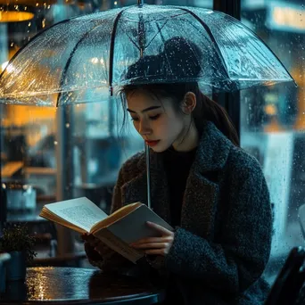 Woman reading a book under a transparent umbrella in the rain - Image 1