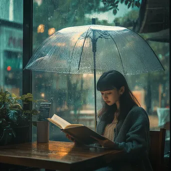 Woman reading a book under a transparent umbrella in the rain - Image 4