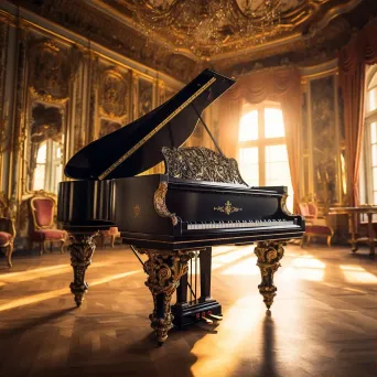 Elegant black grand piano in ornate ballroom with soft golden light - Image 1