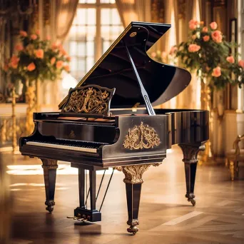 Elegant black grand piano in ornate ballroom with soft golden light - Image 2