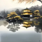 Image of Japanese Kinkaku-ji Golden Pavilion with reflection in pond surrounded by mist - Image 1