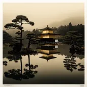 Image of Japanese Kinkaku-ji Golden Pavilion with reflection in pond surrounded by mist - Image 3