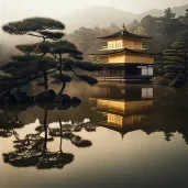 Image of Japanese Kinkaku-ji Golden Pavilion with reflection in pond surrounded by mist - Image 4