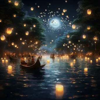 Loi Krathong festival with floating lanterns on river under moonlit sky - Image 1