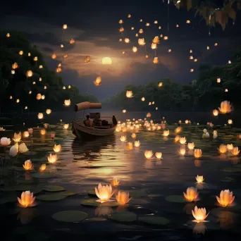 Loi Krathong festival with floating lanterns on river under moonlit sky - Image 2