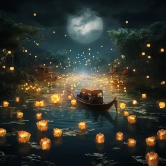 Loi Krathong festival with floating lanterns on river under moonlit sky - Image 3