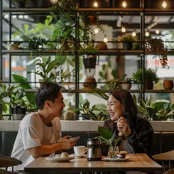 A couple laughing together over coffee in a vibrant café. - Image 2