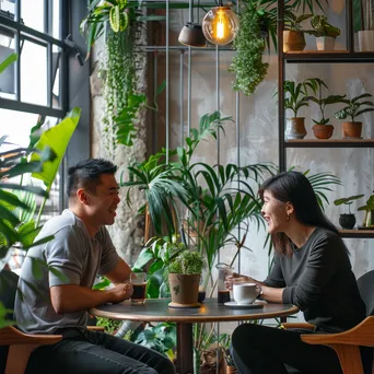 A couple laughing together over coffee in a vibrant café. - Image 4