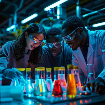 Students working together in a college chemistry lab filled with colorful liquids. - Image 2