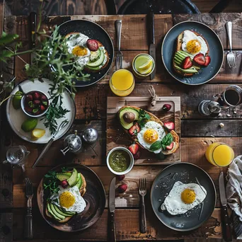 Overhead view of a gourmet breakfast spread on rustic table - Image 2