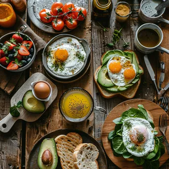 Overhead view of a gourmet breakfast spread on rustic table - Image 4