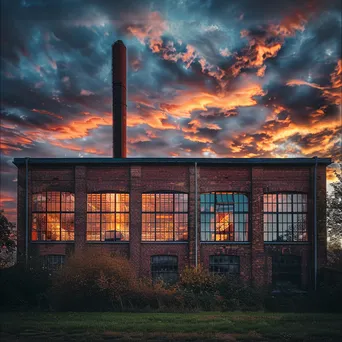 Classic brick factory with smokestack during sunset - Image 1