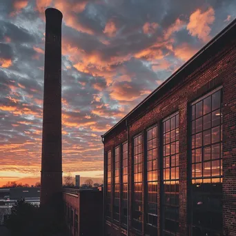 Classic brick factory with smokestack during sunset - Image 2