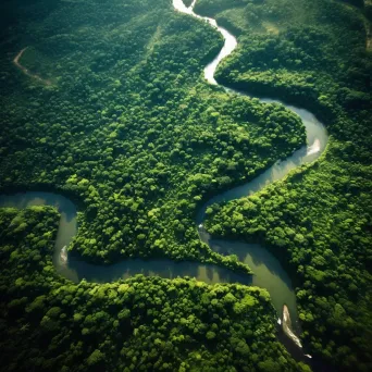 Lush green forest canopy and meandering river seen from airplane window - Image 1