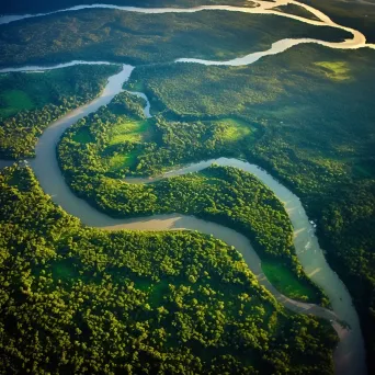 Lush green forest canopy and meandering river seen from airplane window - Image 3