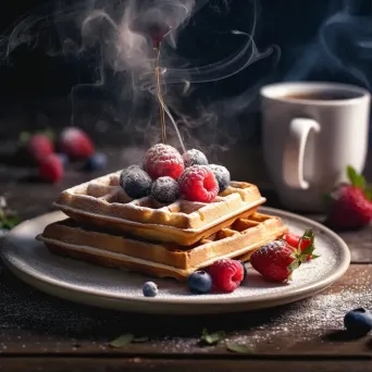 Crisp waffles with berries and maple syrup, shot on Canon EOS R6 - Image 1