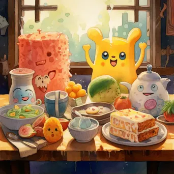 Whimsical breakfast scene with anthropomorphic food characters in pastel watercolors - Image 1