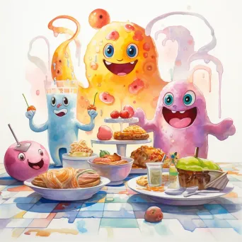 Whimsical breakfast scene with anthropomorphic food characters in pastel watercolors - Image 2