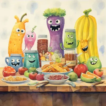 Whimsical breakfast scene with anthropomorphic food characters in pastel watercolors - Image 3