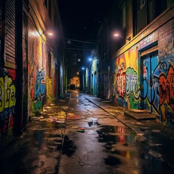 Urban alleyway with colorful graffiti art under dim street lights at night - Image 1