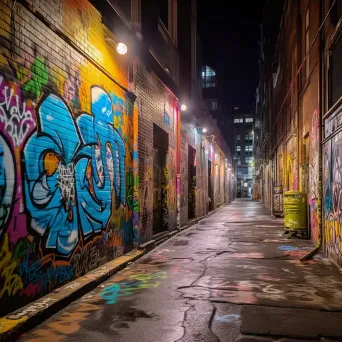 Urban alleyway with colorful graffiti art under dim street lights at night - Image 3