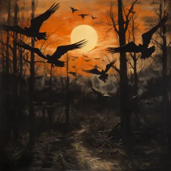 Flock of birds flying out of a dark forest into a radiant sunrise - Image 1