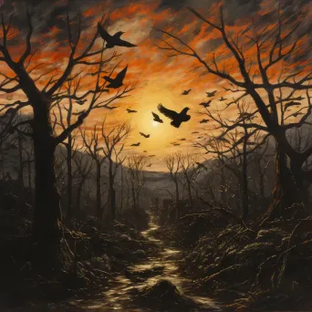 Flock of birds flying out of a dark forest into a radiant sunrise - Image 2