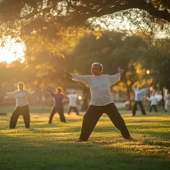 Group practicing slow tai chi movements in a serene park during dawn. - Image 1