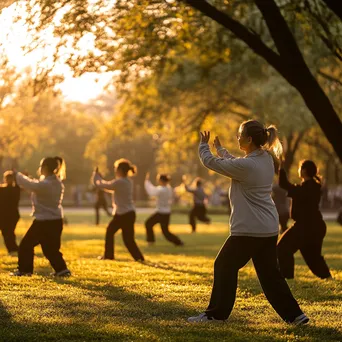 Group practicing slow tai chi movements in a serene park during dawn. - Image 2