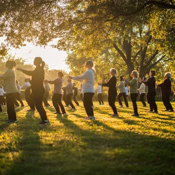 Group practicing slow tai chi movements in a serene park during dawn. - Image 3