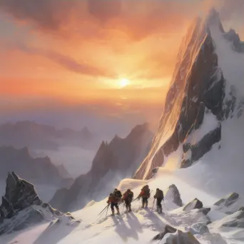 Team of climbers ascending snow-covered mountain peak with dramatic sunrise - Image 3