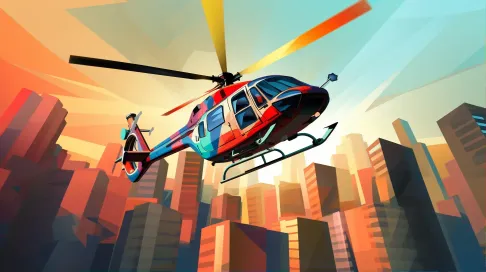 Colorful low-poly helicopter soaring above dynamic cityscape - Image 1