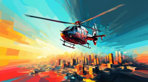 Colorful low-poly helicopter soaring above dynamic cityscape - Image 2