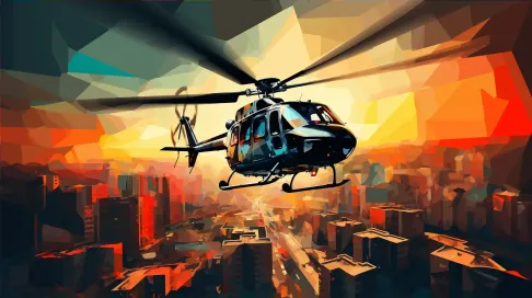 Colorful low-poly helicopter soaring above dynamic cityscape - Image 4