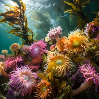 Colorful sea anemones and seaweed underwater - Image 1