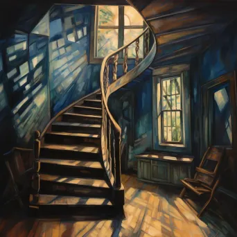 Image of a dark staircase with sunlit window beam - Image 3