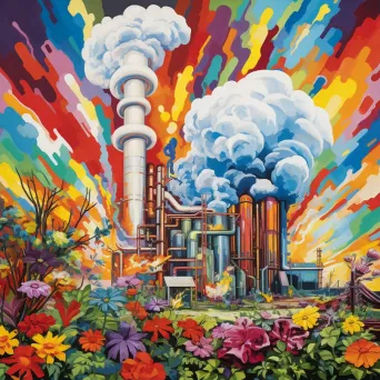 Artistic industrial plant emitting colorful florals, epitomizing a dream of eco-friendly industries - Image 1