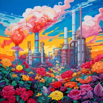 Artistic industrial plant emitting colorful florals, epitomizing a dream of eco-friendly industries - Image 3