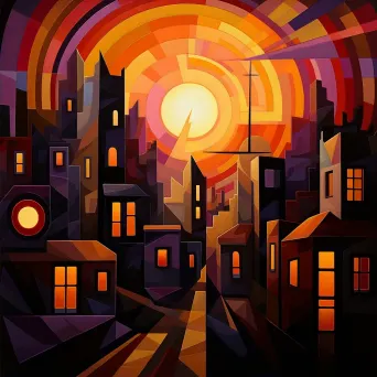 Cubist painting of a futuristic, solar-powered cityscape at dusk - Image 2