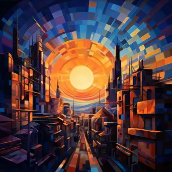 Cubist painting of a futuristic, solar-powered cityscape at dusk - Image 3