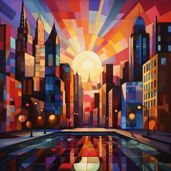 Cubist painting of a futuristic, solar-powered cityscape at dusk - Image 4