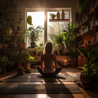 Person practicing downward dog in a cozy home - Image 1