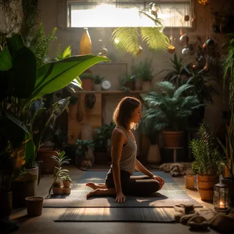 Person practicing downward dog in a cozy home - Image 2