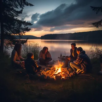 Family Camping by Lake at Dusk