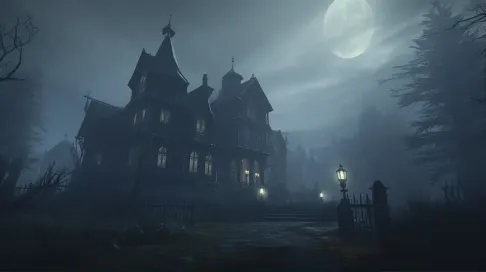 Mysterious, low poly Victorian manor in heavy fog - Image 1